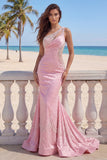 One Shoulder Pink Mermaid Pearls Ruched Cut Out Long Prom Dress