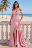 Off The Shoulder Mermaid Pink Ruched Pearls Prom Dress with Slit