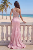 One Shoulder Pink Mermaid Pearls Ruched Cut Out Long Prom Dress