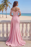 Off The Shoulder Mermaid Pink Ruched Pearls Prom Dress with Slit