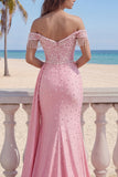 Off The Shoulder Mermaid Pink Ruched Pearls Prom Dress with Slit