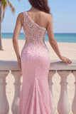 One Shoulder Pink Mermaid Pearls Ruched Cut Out Long Prom Dress