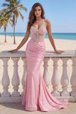Sweetheart Pearls Pink Mermaid Corset Ruched Prom Dress