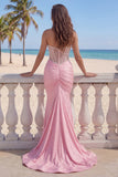 Sweetheart Pearls Pink Mermaid Corset Ruched Prom Dress