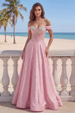 Pink Off The Shoulder A Line Corset Pearls Ruched Prom Dress