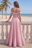 Pink Off The Shoulder A Line Corset Pearls Ruched Prom Dress