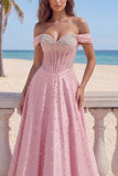 Pink Off The Shoulder A Line Corset Pearls Ruched Prom Dress