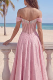 Pink Off The Shoulder A Line Corset Pearls Ruched Prom Dress
