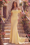 Corset Ruched Off The Shoulder Yellow Mermaid Pearls Prom Dress