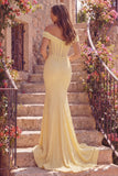 Corset Ruched Off The Shoulder Yellow Mermaid Pearls Prom Dress
