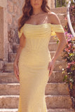 Corset Ruched Off The Shoulder Yellow Mermaid Pearls Prom Dress