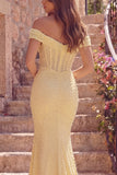 Corset Ruched Off The Shoulder Yellow Mermaid Pearls Prom Dress