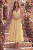 A Line Yellow Spaghetti Straps Corset Pearls Midi Prom Dress