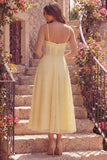 A Line Yellow Spaghetti Straps Corset Pearls Midi Prom Dress