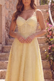 A Line Yellow Spaghetti Straps Corset Pearls Midi Prom Dress