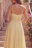 A Line Yellow Spaghetti Straps Corset Pearls Midi Prom Dress