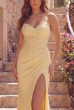 Mermaid Sweetheart Yellow Ruched Pearls Prom Dress with Slit