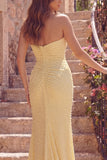 Mermaid Sweetheart Yellow Ruched Pearls Prom Dress with Slit
