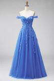 Beaded A Line Off The Shoulder Dark Blue Corset Prom Dress with Appliques
