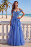 Beaded A Line Off The Shoulder Dark Blue Corset Prom Dress with Appliques