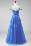 Beaded A Line Off The Shoulder Dark Blue Corset Prom Dress with Appliques