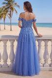 Beaded A Line Off The Shoulder Dark Blue Corset Prom Dress with Appliques