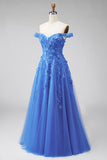 Beaded A Line Off The Shoulder Dark Blue Corset Prom Dress with Appliques