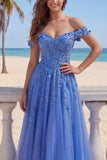 Beaded A Line Off The Shoulder Dark Blue Corset Prom Dress with Appliques