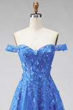 Beaded A Line Off The Shoulder Dark Blue Corset Prom Dress with Appliques