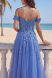Beaded A Line Off The Shoulder Dark Blue Corset Prom Dress with Appliques