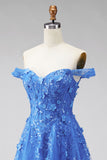 Beaded A Line Off The Shoulder Dark Blue Corset Prom Dress with Appliques