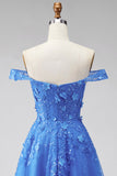 Beaded A Line Off The Shoulder Dark Blue Corset Prom Dress with Appliques