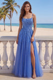 Dark Blue A Line Spaghetti Straps Corset Beaded Appliqued Prom Dress with Slit