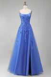 Dark Blue A Line Spaghetti Straps Corset Beaded Appliqued Prom Dress with Slit