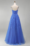 Dark Blue A Line Spaghetti Straps Corset Beaded Appliqued Prom Dress with Slit