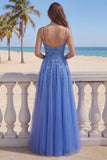 Dark Blue A Line Spaghetti Straps Corset Beaded Appliqued Prom Dress with Slit