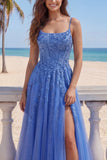 Dark Blue A Line Spaghetti Straps Corset Beaded Appliqued Prom Dress with Slit