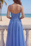 Dark Blue A Line Spaghetti Straps Corset Beaded Appliqued Prom Dress with Slit