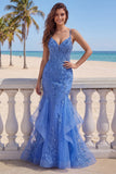 Ruffled Mermaid Corset Dark Blue Beaded Spaghetti Straps Prom Dress with Appliques