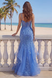 Ruffled Mermaid Corset Dark Blue Beaded Spaghetti Straps Prom Dress with Appliques