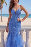 Ruffled Mermaid Corset Dark Blue Beaded Spaghetti Straps Prom Dress with Appliques