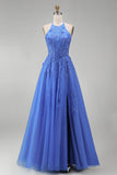 Halter A Line Dark Blue Appliqued Corset Beaded Prom Dress with Slit