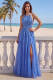 Halter A Line Dark Blue Appliqued Corset Beaded Prom Dress with Slit