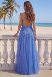Halter A Line Dark Blue Appliqued Corset Beaded Prom Dress with Slit