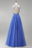 Halter A Line Dark Blue Appliqued Corset Beaded Prom Dress with Slit