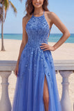 Halter A Line Dark Blue Appliqued Corset Beaded Prom Dress with Slit