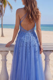 Halter A Line Dark Blue Appliqued Corset Beaded Prom Dress with Slit