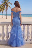 Mermaid Off The Shoulder Ruffled Dark Blue Corset Beaded Prom Dress with Appliques
