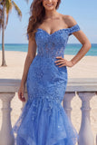 Mermaid Off The Shoulder Ruffled Dark Blue Corset Beaded Prom Dress with Appliques