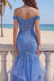 Mermaid Off The Shoulder Ruffled Dark Blue Corset Beaded Prom Dress with Appliques